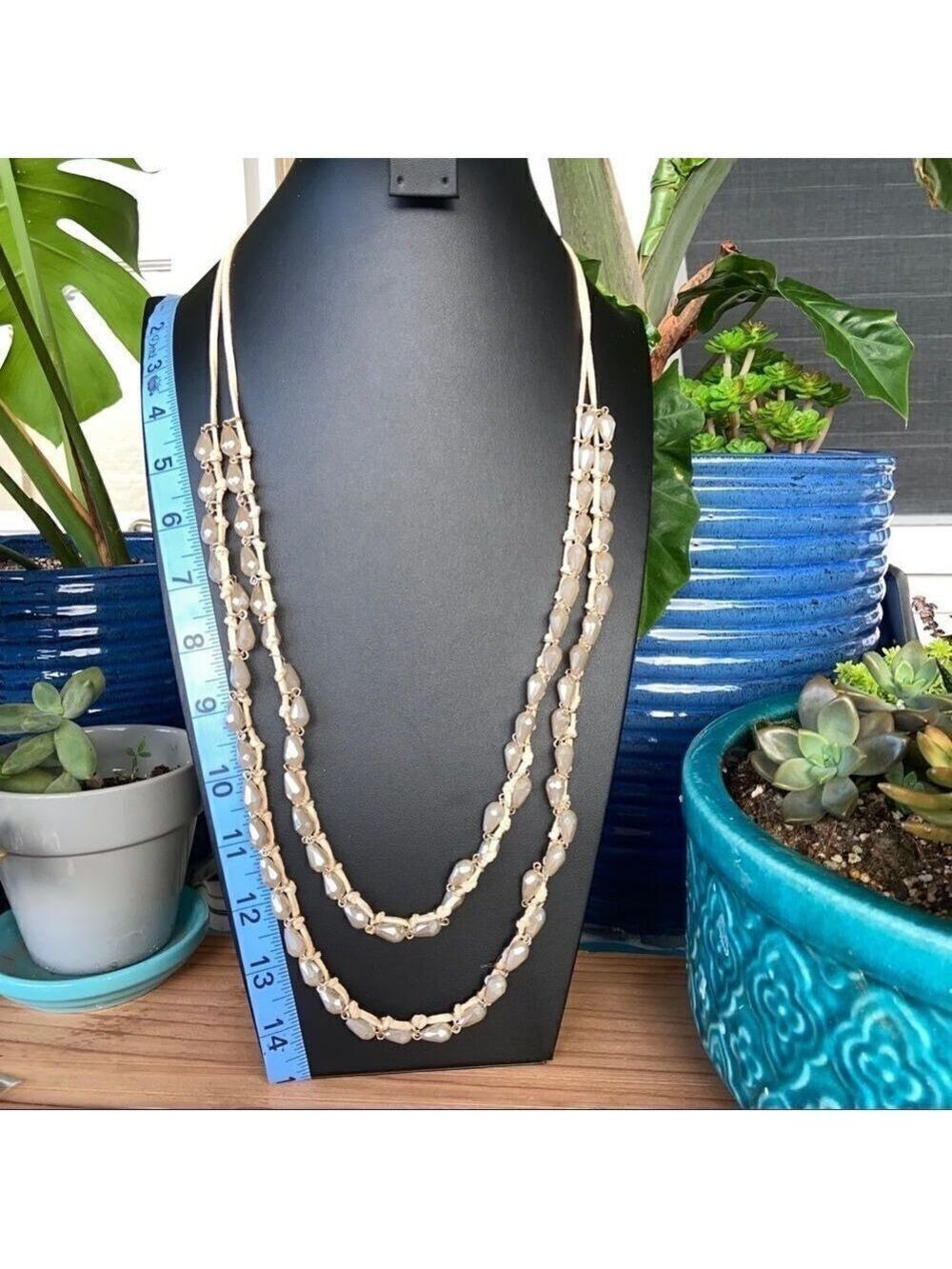 Chico’s Necklace Leather Grey Faceted Bead San Gold